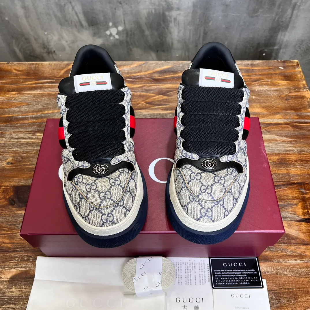 P660 [Ready Stock] Top ❤️New Color Gucci Brand New Screener Series Couple Style Chubby Bread Shoes Small Dirty Shoes Fatty Double G Casual Sneakers Original Purchase Develop Original Purchase Develop Screener series sneakers are inspired by the classic sneakers of the 1970s. They are named after the defensive action in sports. They are decorated with striped webbing on the side and embellished with retro Gucci logos. These sneakers are made of GG canvas. Purple leather details add depth to the piece with sharp contrast, and the details are fuller. Exquisite packaging at the delivery counter ▪️Fabrics: Original imported cowhide + double G fabric ▪️Inner lining: Original customized breathable cowhide lining ▪️Sole: Original molded TPU outsole ▪️Sole thickness: 6CM ▪️Size: Women's 35-40 / Men's 39-44! ! …..